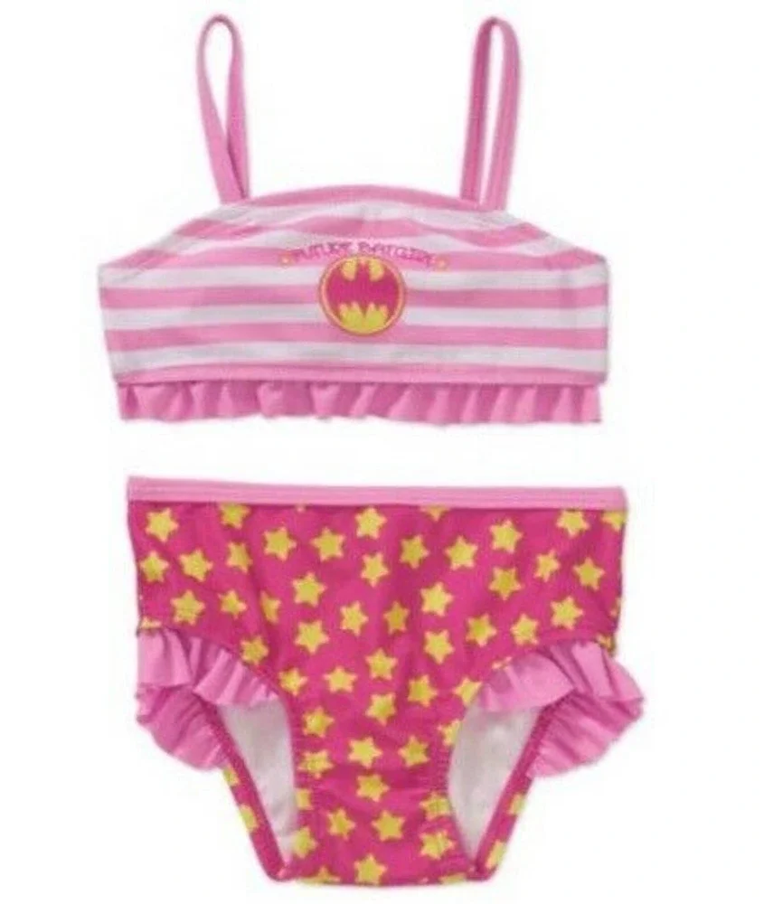 NEW Baby Girl DC ComicsFuture Batgirl Pink Ruffle Trim Bikini Swimsuit Size 6/9M